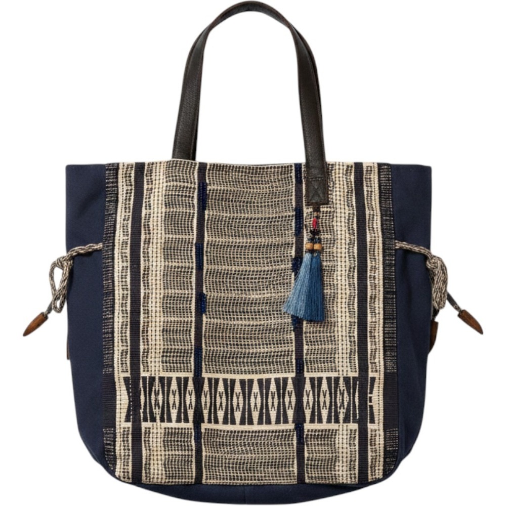 Ale‎ by Alessandra Navy Woven Boho Tote Bag Leather Straps Tassel Bead Detail